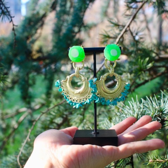 ZARA Turquoise Gold Resin Boho Statement Earrings - Picture 12 of 13